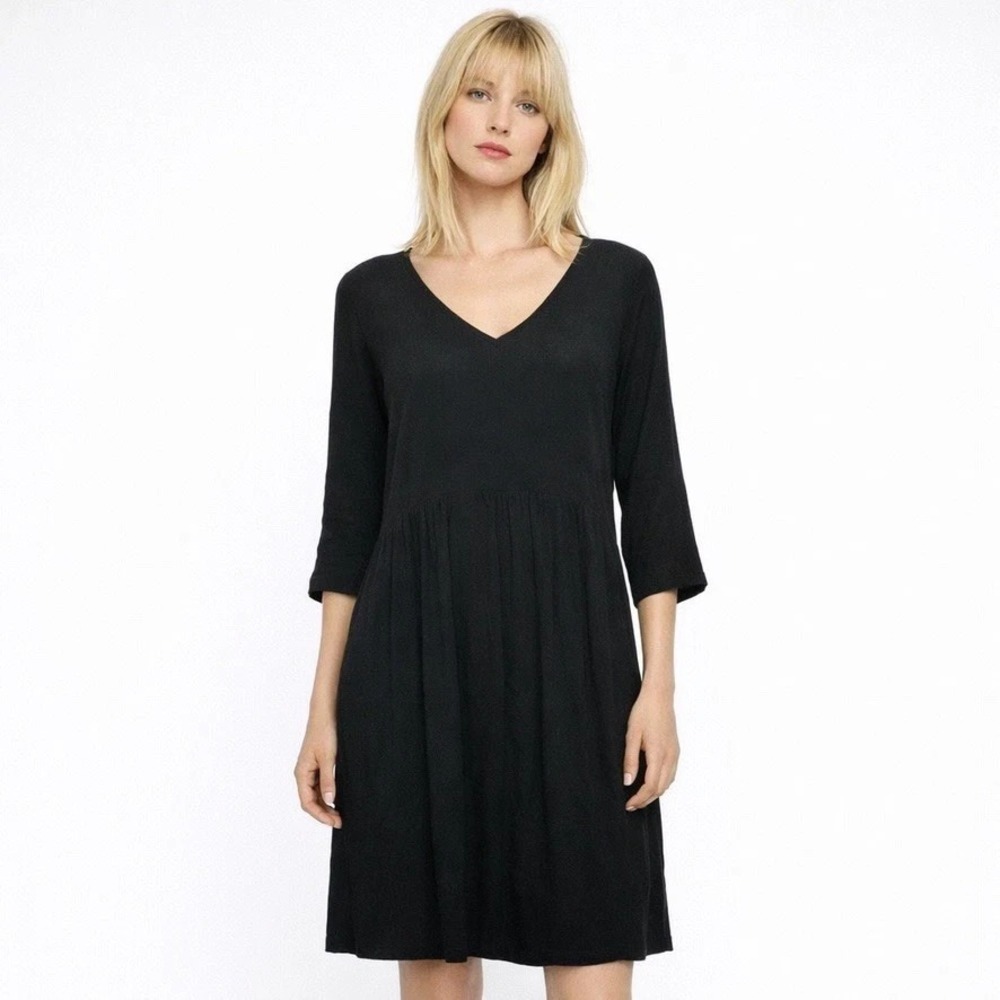 Garnet Hill Black V-Neck‎ Dress Size 8 Viscose Loose Relaxed Boho Pullover Flowy